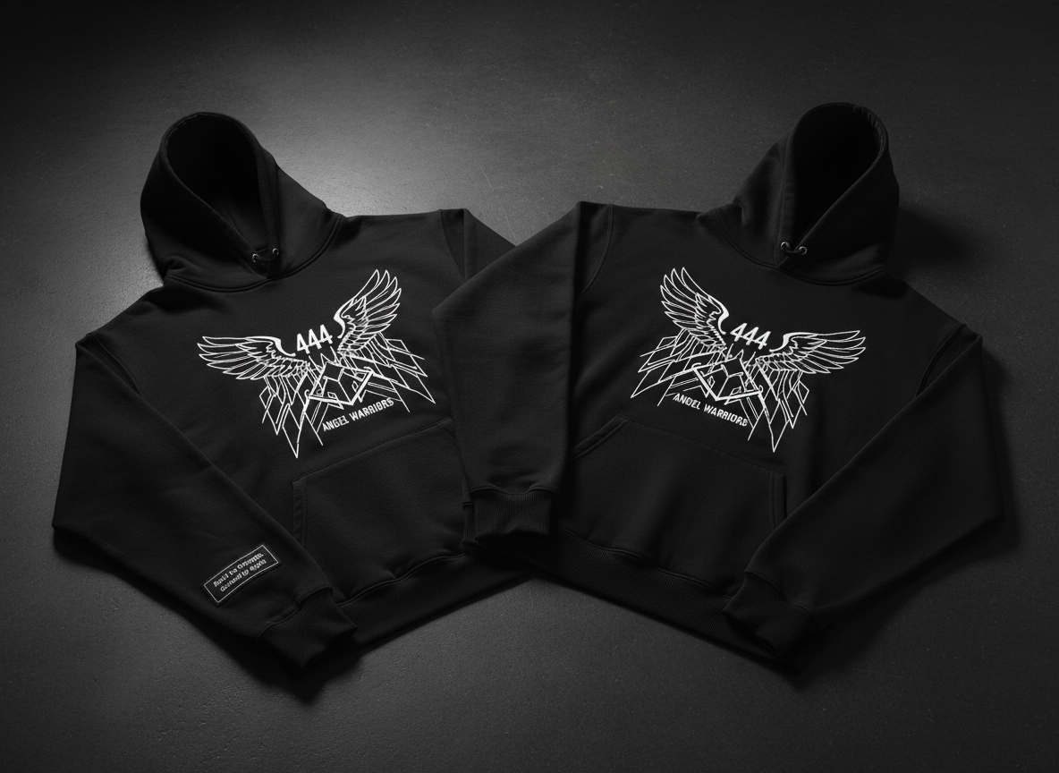 A pair of premium black heavyweight cotton hoodies laid flat on a dark concrete floor, each featuring an intricate white “444 Angel Warriors” emblem on the chest, blending angelic wings with sharp geometric lines. One hoodie is slightly folded to reveal a small woven neck label that reads “Built on Strength. Guided by Spirit” in silver thread. Overhead soft studio lighting creates subtle highlights along the fabric’s brushed texture and casts refined shadows at the edges. The background falls into a gentle blur, emphasizing the garments. Photographic realism, shot from a slightly elevated angle with a centered, editorial composition, sophisticated and minimal, evoking modern luxury streetwear with a spiritual edge.