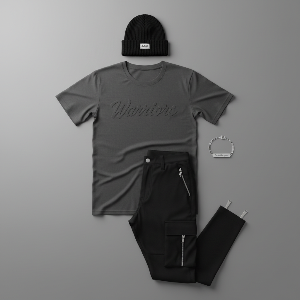 A meticulously arranged flat lay of a monochrome streetwear outfit on a smooth slate-grey background: a charcoal tee with a subtle tonal “Warriors” script across the chest, slim black cargo pants with metal zippers, and a minimalist silver chain bracelet engraved with “Guided by Spirit”. A folded black beanie featuring a small woven 444 tag sits at the top of the layout. Soft diffused studio lighting from above eliminates harsh shadows, creating gentle gradients across the fabrics and metals. The composition follows the rule of thirds, leaving breathing space for text overlays in web design. Photographic realism, clean, modern, and sophisticated, conveying a curated, powerful street aesthetic.