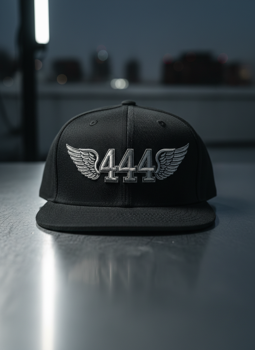 A close-up shot of a matte black snapback cap resting on a brushed steel surface, the front panel dominated by a raised embroidered “444” in metallic silver thread framed by stylized angel wings. The cap’s texture is clearly visible, from the dense weave of the fabric to the precision stitching along the brim. A narrow beam of cool, directional light from the side creates a striking highlight on the logo and a crisp shadow that stretches across the metal. The background is softly blurred industrial greys, evoking an urban rooftop at night. Photographic realism, low-angle composition focused on the emblem, projecting power, mystery, and sophisticated street energy.