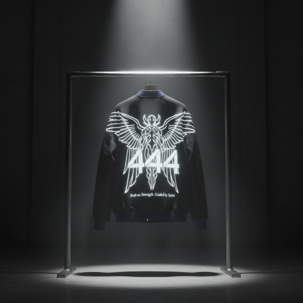A dramatic product shot of a limited-edition black and deep navy bomber jacket hanging from an industrial steel clothing rack in a dim, minimalist studio. The back of the jacket features a large, luminous white graphic of an abstract angel warrior with spread wings encircling the numbers 444 and the phrase “Built on Strength. Guided by Spirit” in small serif lettering. A single overhead spotlight creates a halo of light around the jacket, leaving the background in soft darkness. Photographic realism, slightly low-angle perspective, emphasizing the garment as a powerful, almost sacred object. The mood is bold, mysterious, and sophisticated, blending high-end fashion with spiritual symbolism.