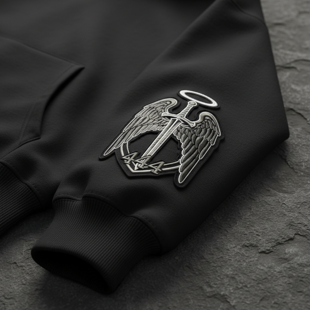 A detailed close-up of a black heavyweight hoodie sleeve, showcasing a refined embroidered patch near the cuff: a stylized angel warrior crest combining a sword, halo, and the number 444 in metallic gunmetal and white thread. The dense knit of the fabric, subtle ribbing of the cuff, and the patch’s raised stitching are all in sharp focus. The hoodie rests on a rough charcoal stone surface, adding rugged contrast. Gentle side lighting creates soft shadows that emphasize texture without appearing harsh. Photographic realism with shallow depth of field, the crest centered in the frame, conveying durability, protection, and a sophisticated urban armor vibe that fits luxury streetwear branding.